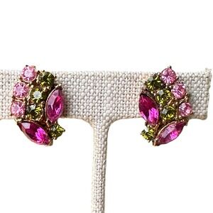 VTG‎ Earrings 1 Inch Clips Green Gold Pink Navette Crystal Rhinestones Flower